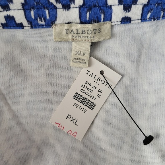 Talbots Petite XL Blue White Geo Ruffle Neck Cotton Shift Dress NWT Knee Length - Picture 3 of 11